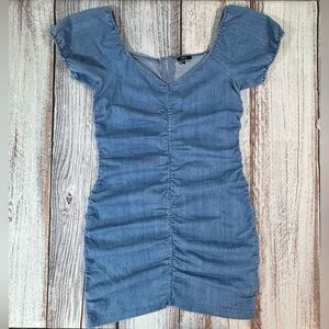 Iris Rouched Stretchy Med Blue Denim Dress On or Off Shoulder Size Large